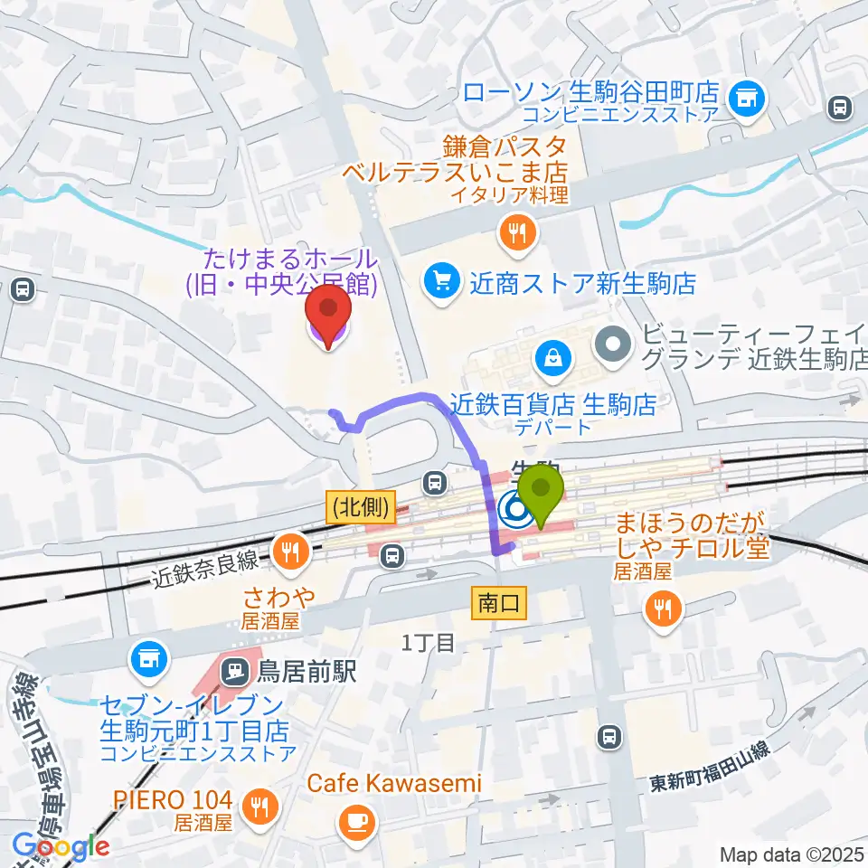 たけまるホールの最寄駅生駒駅からの徒歩ルート（約3分）地図