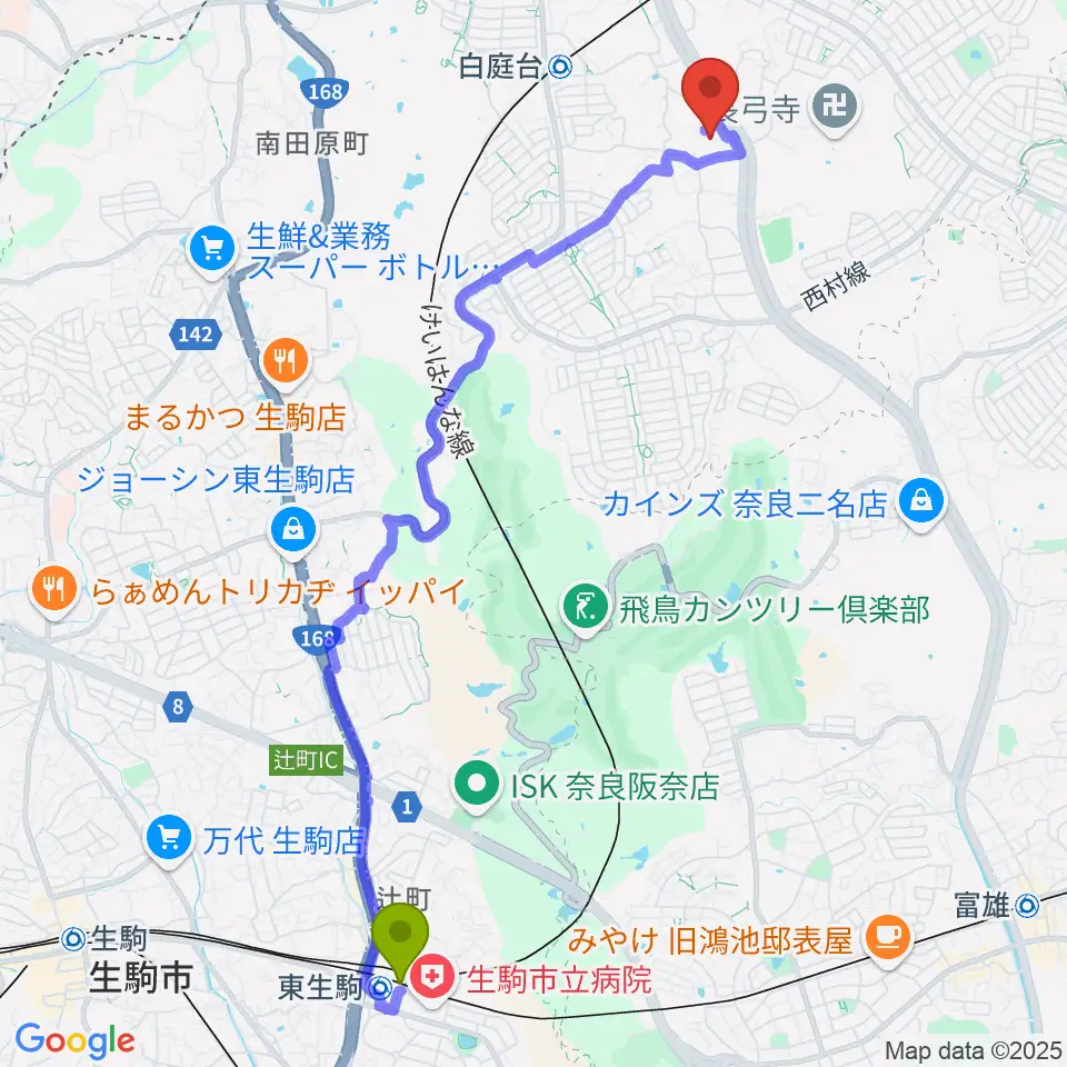 東生駒駅から北コミュニティセンター ISTAはばたきへのルートマップ地図