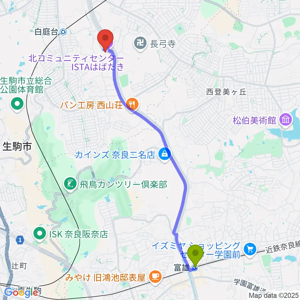富雄駅から北コミュニティセンター ISTAはばたきへのルートマップ地図
