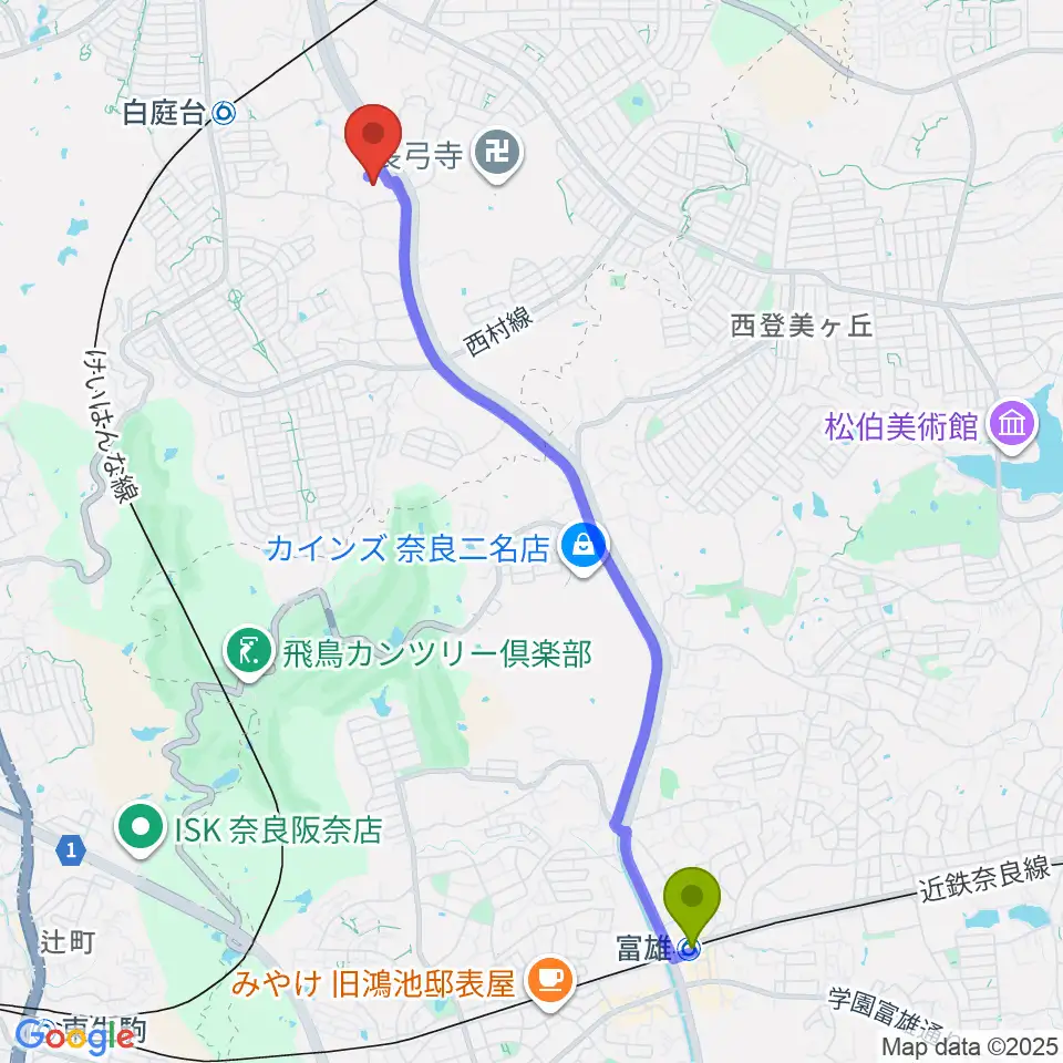 富雄駅から北コミュニティセンター ISTAはばたきへのルートマップ地図