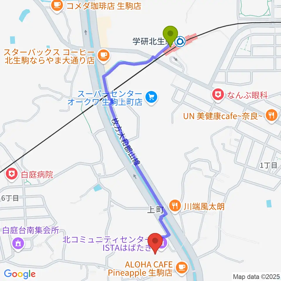 学研北生駒駅から北コミュニティセンター ISTAはばたきへのルートマップ地図