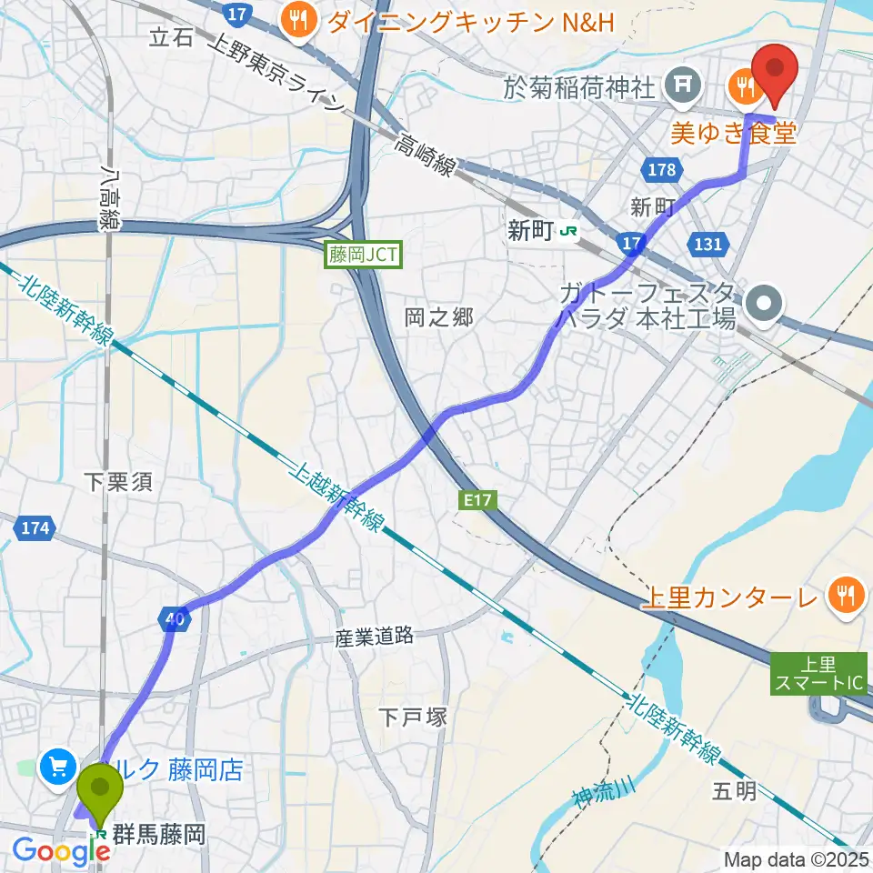 群馬藤岡駅から新町文化ホールへのルートマップ地図