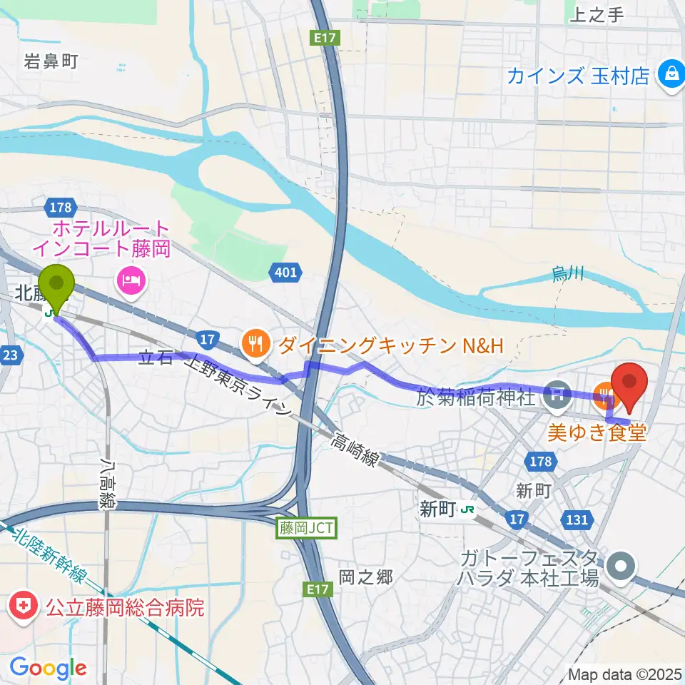 北藤岡駅から新町文化ホールへのルートマップ地図