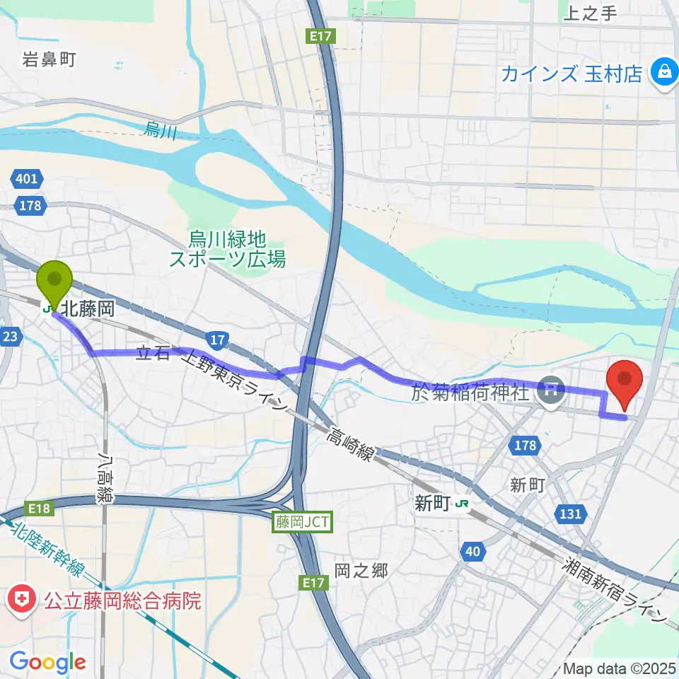 北藤岡駅から新町文化ホールへのルートマップ地図