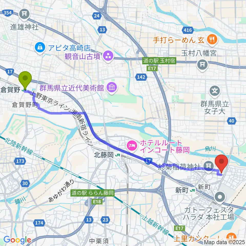 倉賀野駅から新町文化ホールへのルートマップ地図