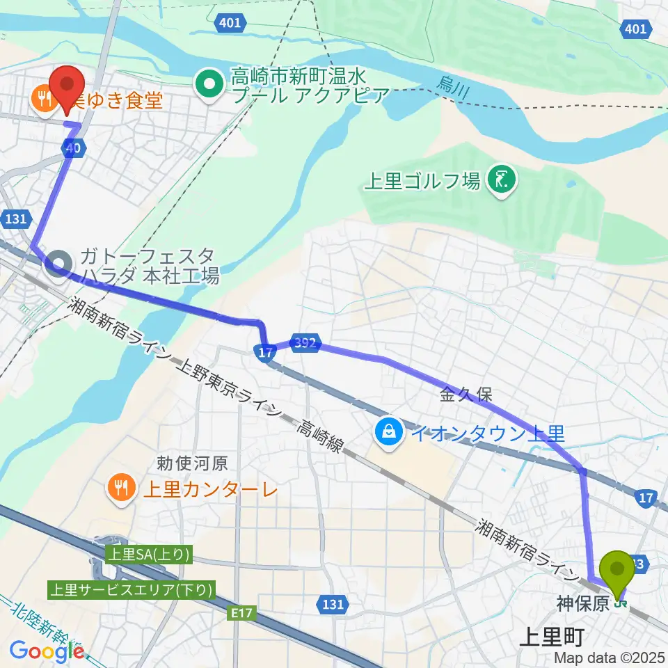 神保原駅から新町文化ホールへのルートマップ地図