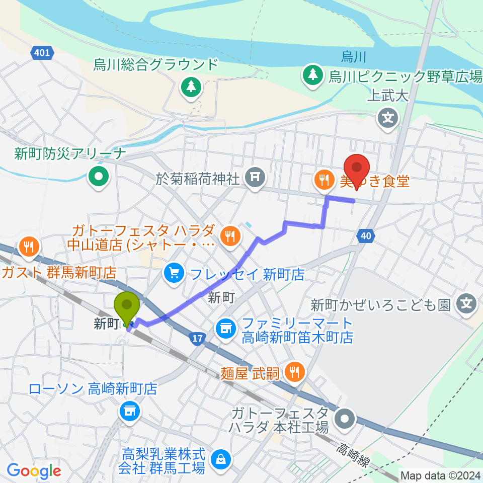 新町文化ホールの最寄駅新町駅からの徒歩ルート（約17分）地図