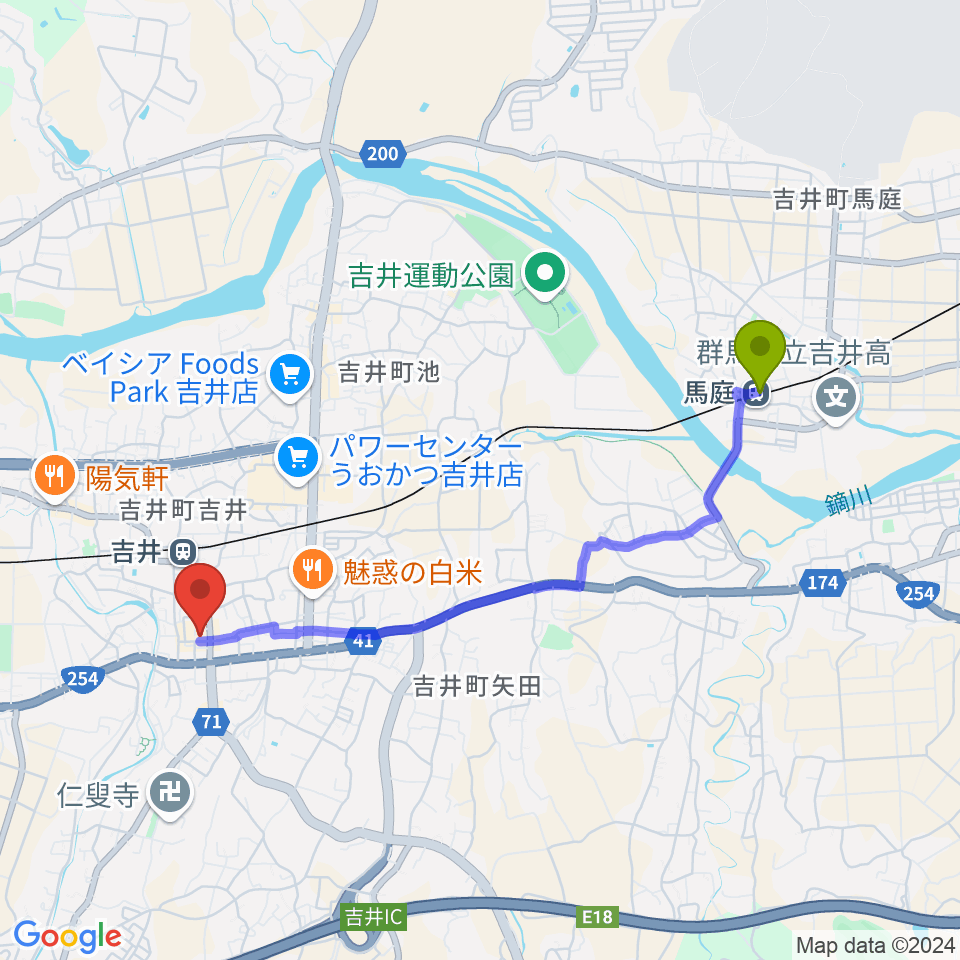 馬庭駅から吉井文化会館へのルートマップ地図