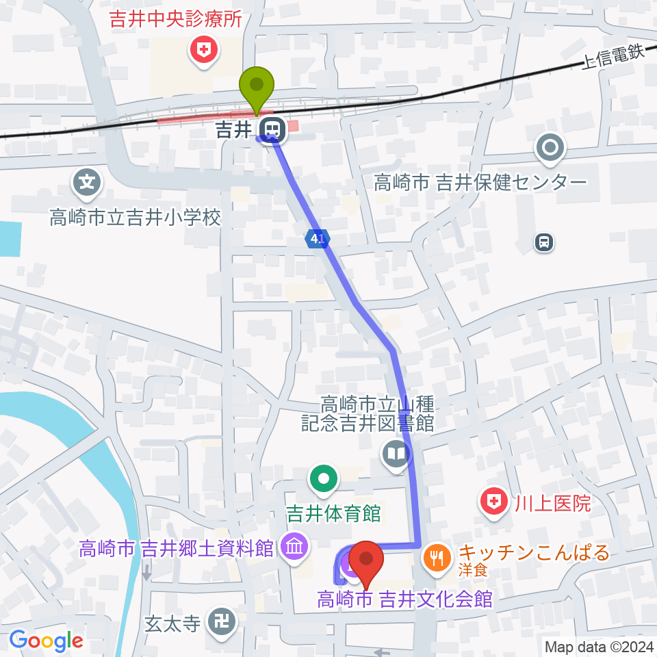 吉井文化会館の最寄駅吉井駅からの徒歩ルート（約6分）地図