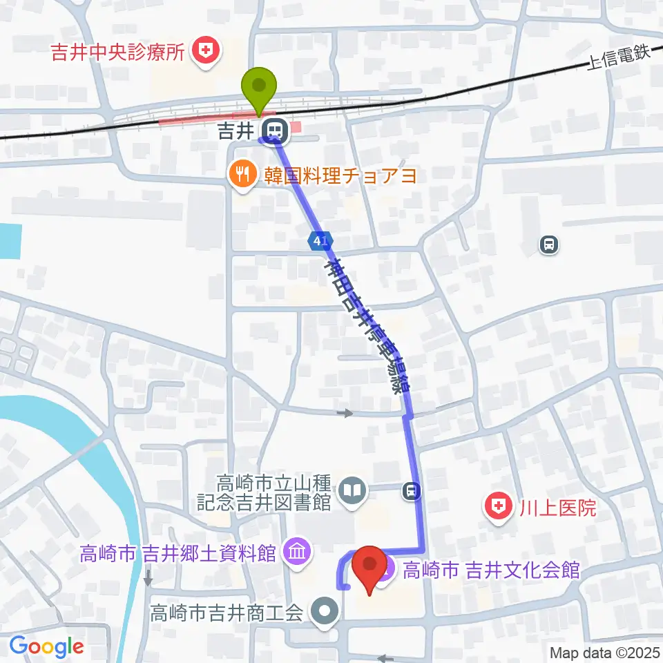 吉井文化会館の最寄駅吉井駅からの徒歩ルート（約6分）地図