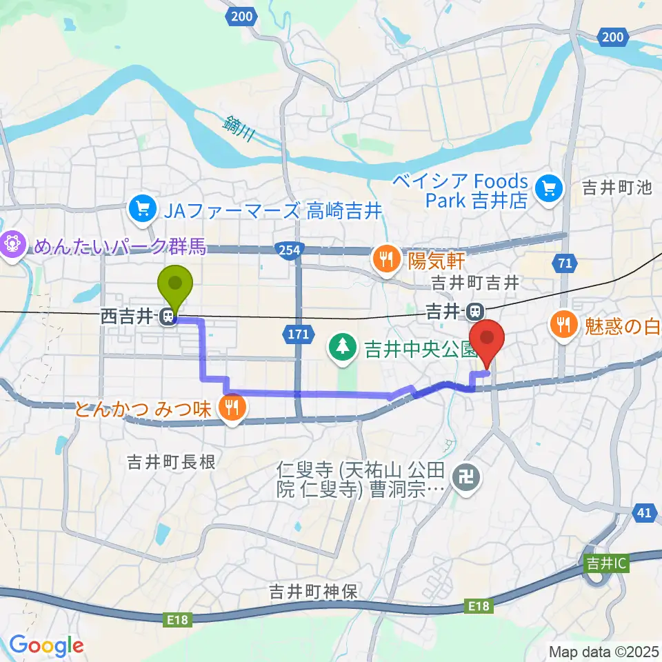 西吉井駅から吉井文化会館へのルートマップ地図
