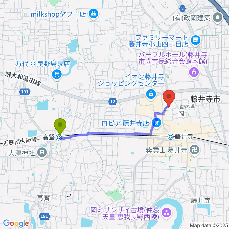 高鷲駅からひろみ音楽教室へのルートマップ地図