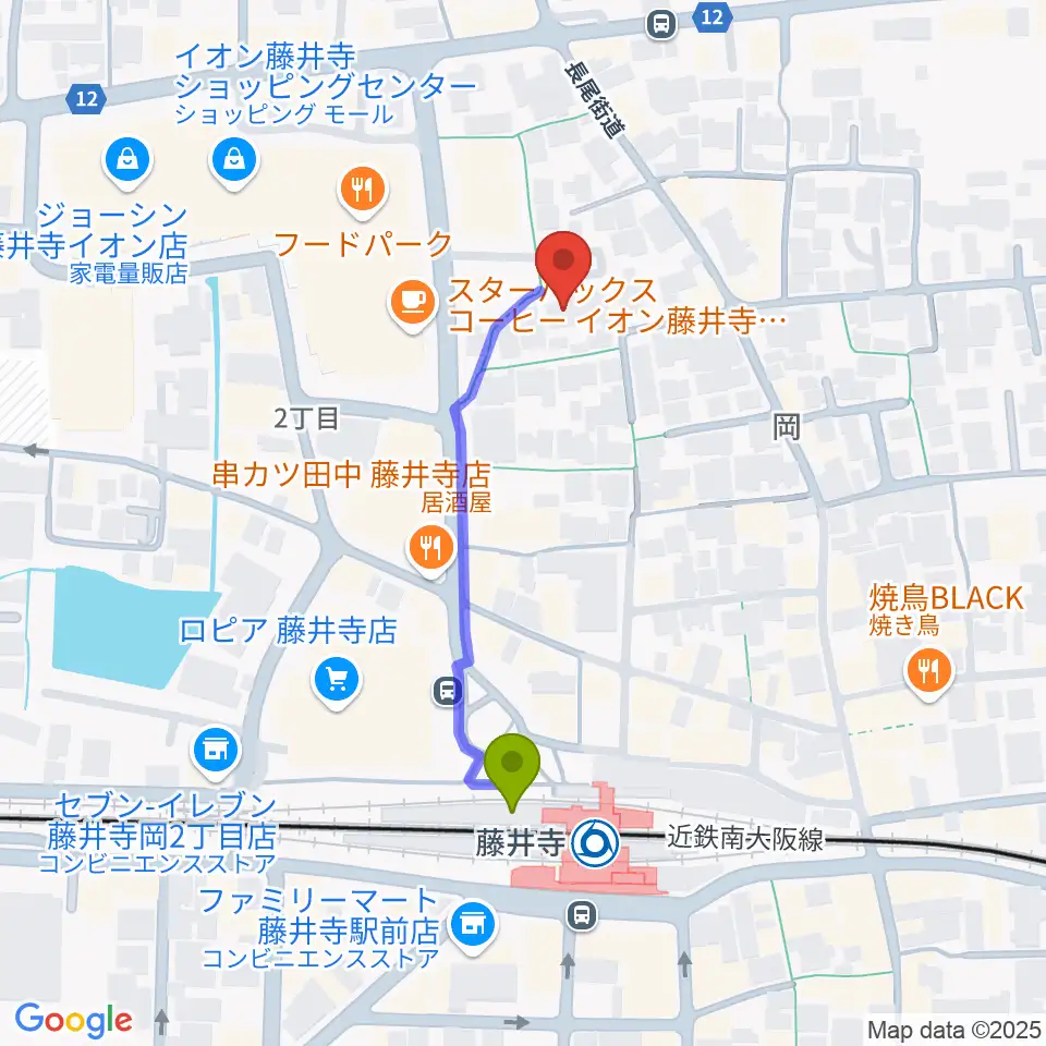 ひろみ音楽教室の最寄駅藤井寺駅からの徒歩ルート（約4分）地図