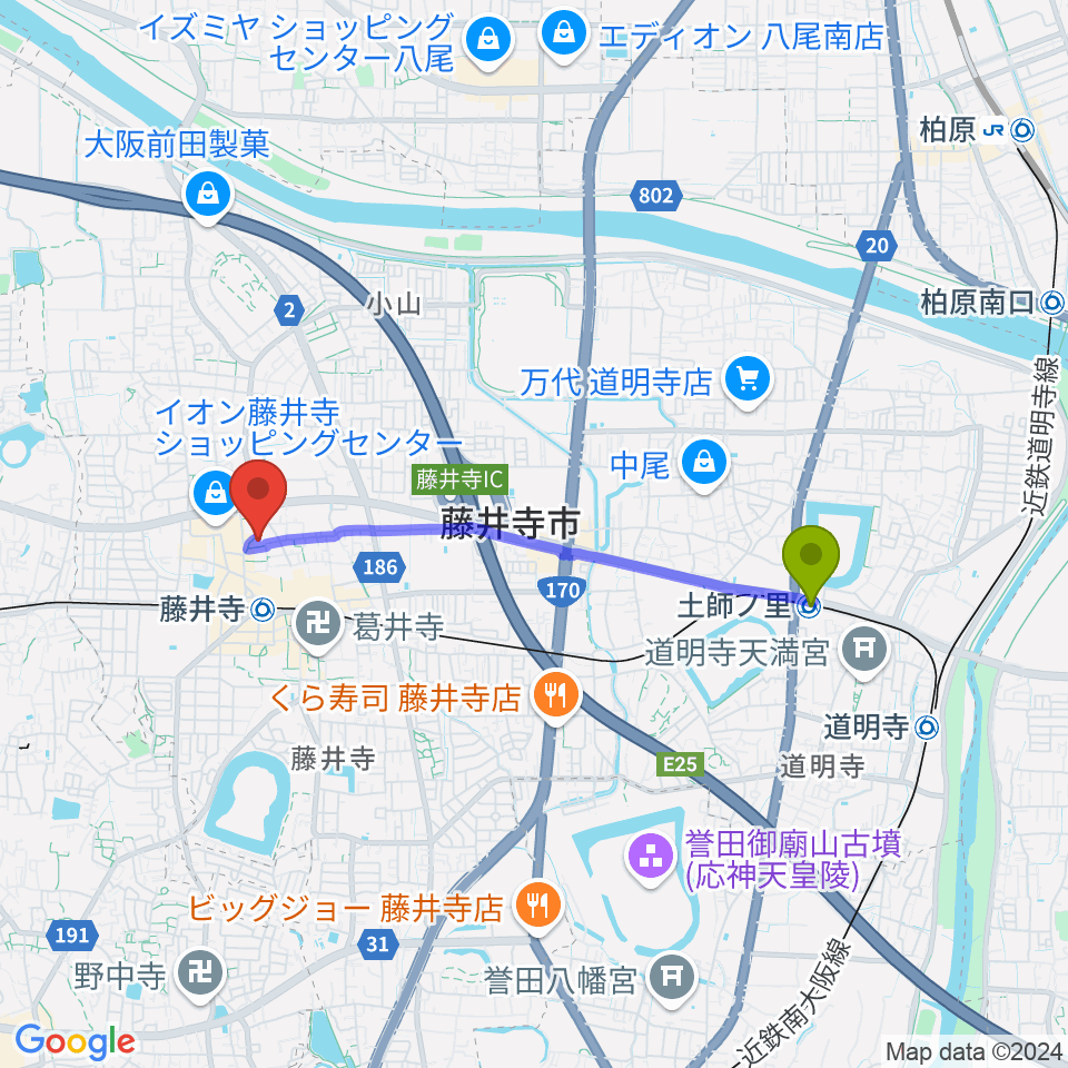 土師ノ里駅からひろみ音楽教室へのルートマップ地図