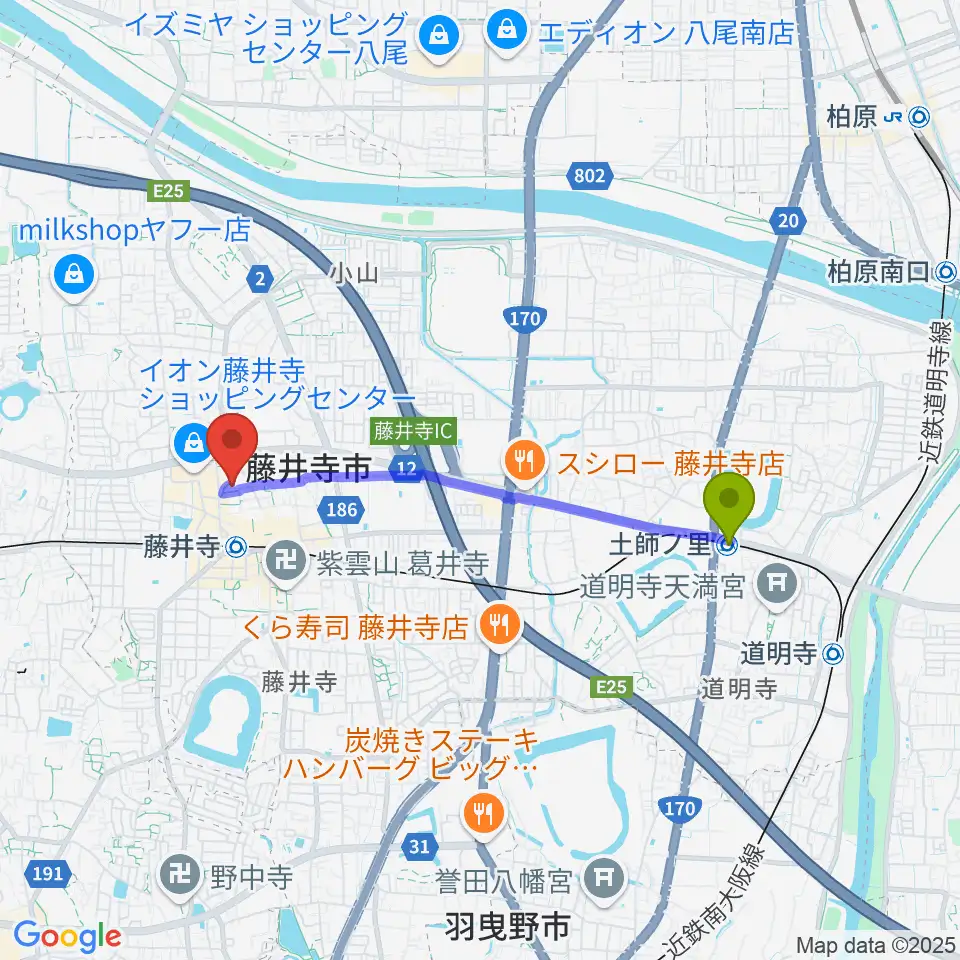 土師ノ里駅からひろみ音楽教室へのルートマップ地図
