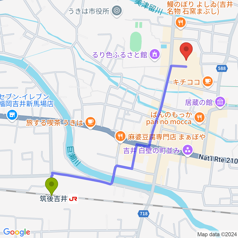 うきは市白壁ホールの最寄駅筑後吉井駅からの徒歩ルート（約13分）地図