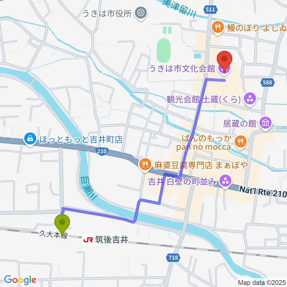 白壁ホールの最寄駅筑後吉井駅からの徒歩ルート（約13分）地図