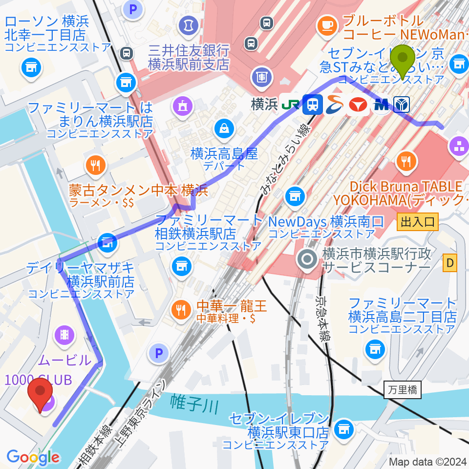 横浜駅から横浜1000 CLUBへのルートマップ地図