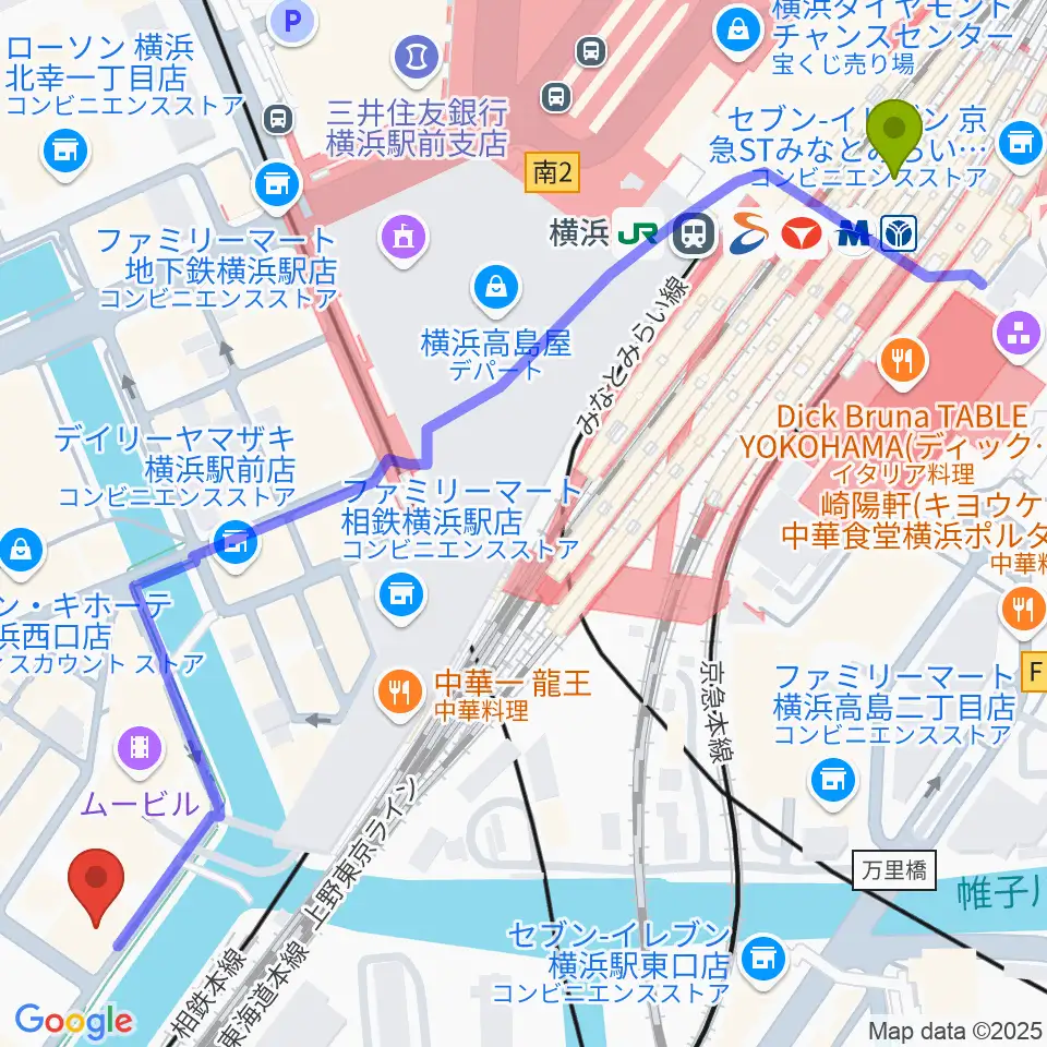 横浜駅から1000 CLUBへのルートマップ地図