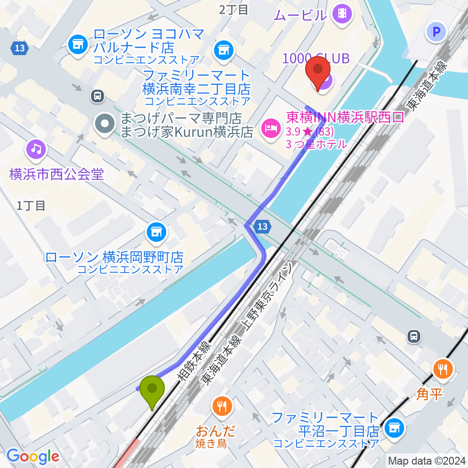 横浜1000 CLUBの最寄駅平沼橋駅からの徒歩ルート（約6分）地図