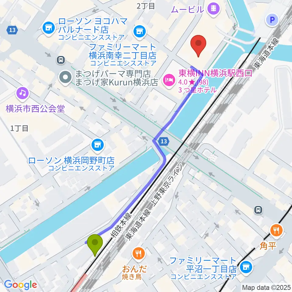 横浜1000 CLUBの最寄駅平沼橋駅からの徒歩ルート（約6分）地図