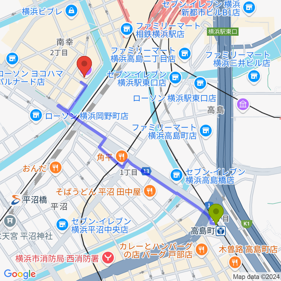 高島町駅から横浜1000 CLUBへのルートマップ地図