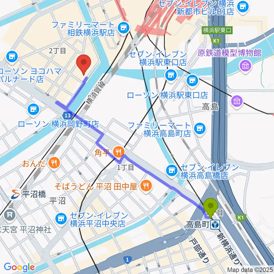 高島町駅から1000 CLUBへのルートマップ地図
