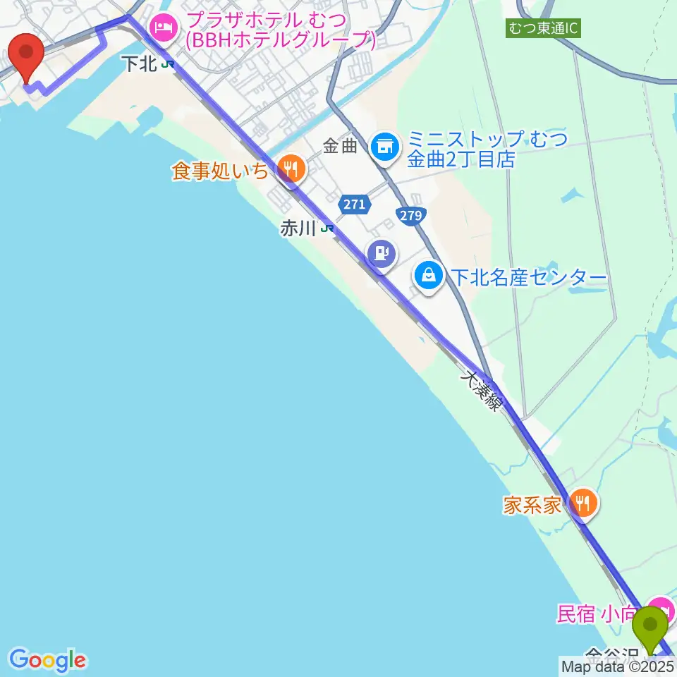 金谷沢駅からむつマエダアリーナへのルートマップ地図