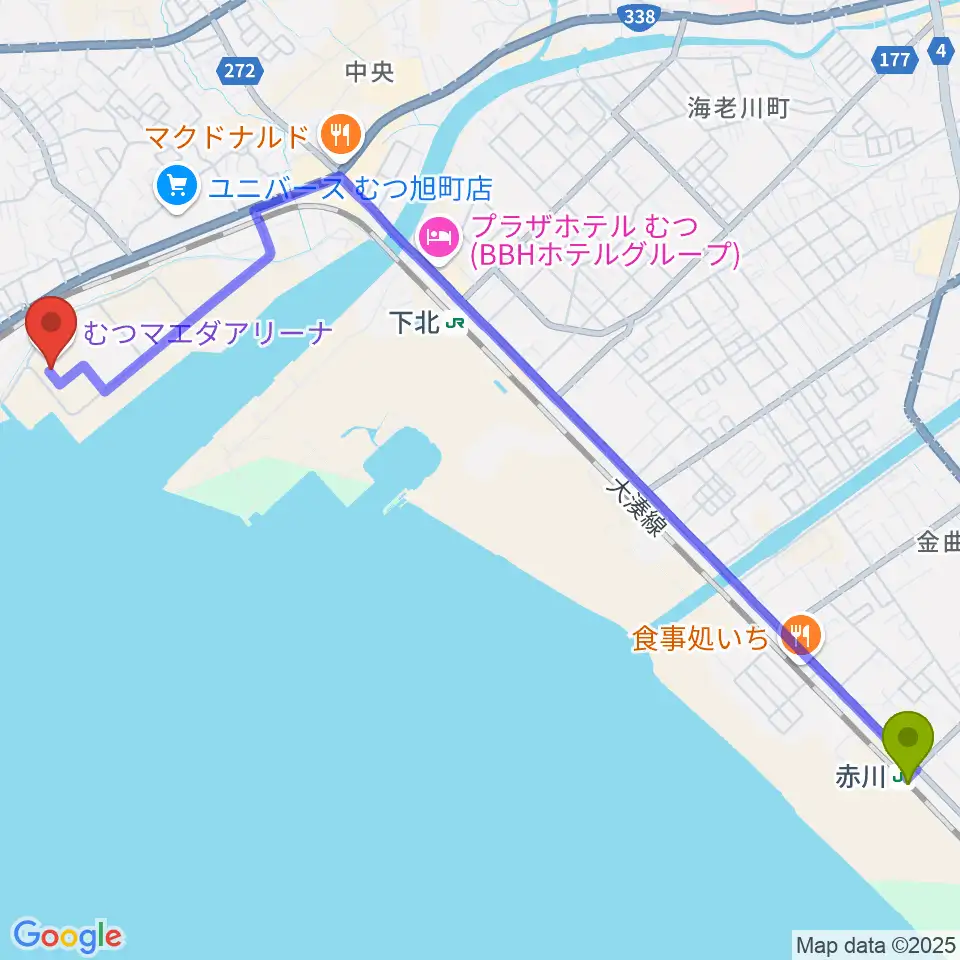 赤川駅からむつマエダアリーナへのルートマップ地図