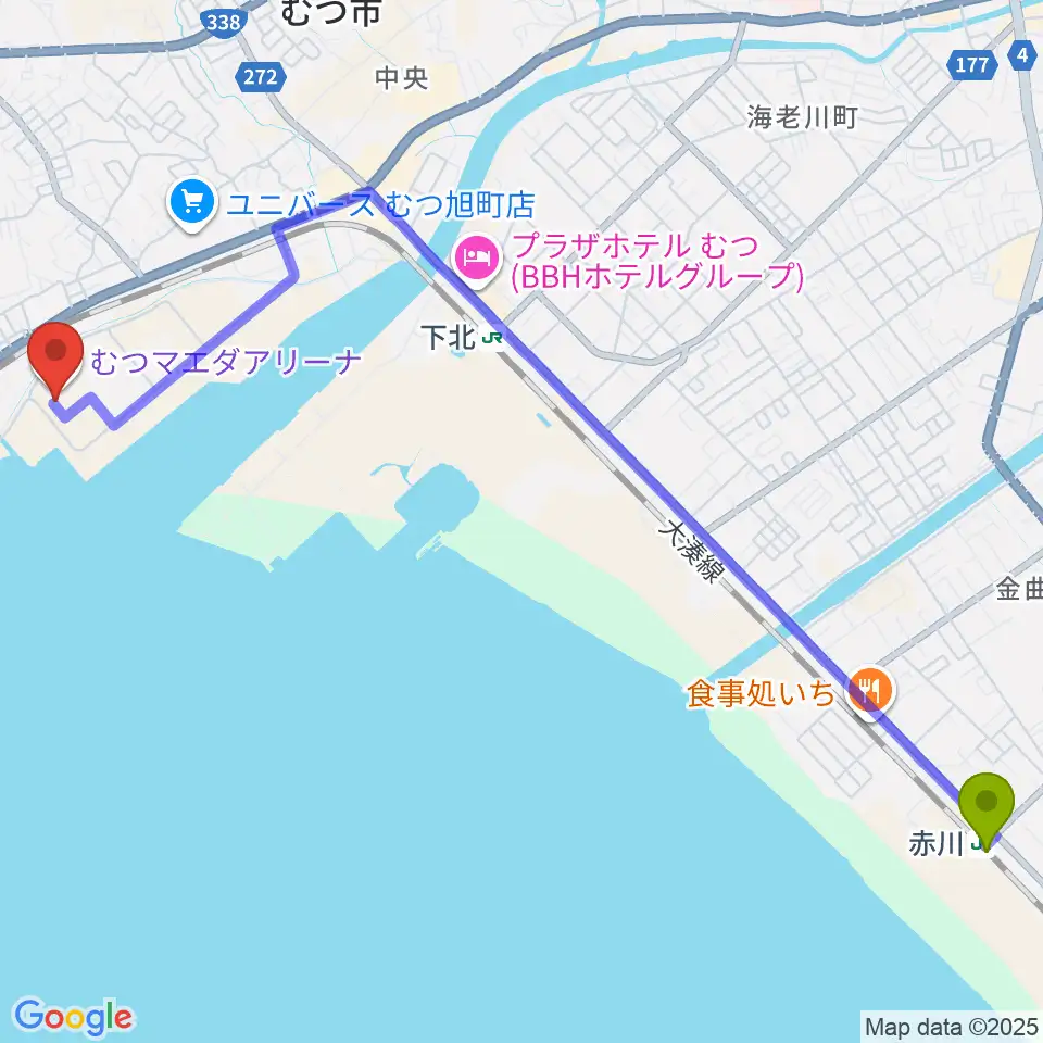赤川駅からむつマエダアリーナへのルートマップ地図