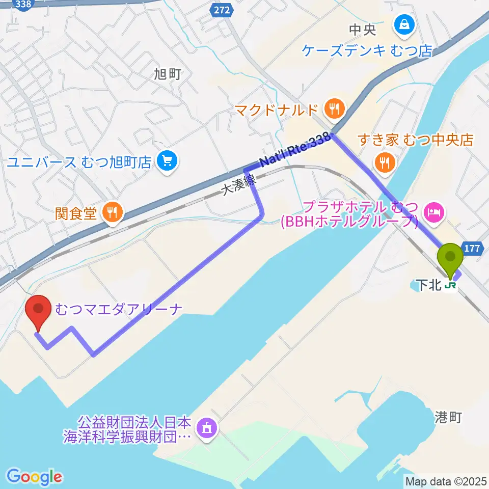 下北駅からむつマエダアリーナへのルートマップ地図