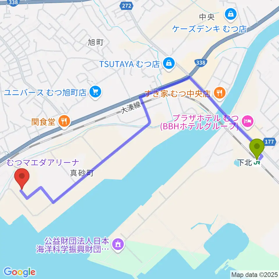 下北駅からむつマエダアリーナへのルートマップ地図