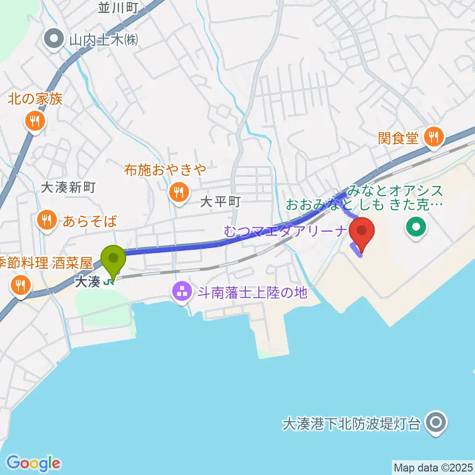 むつマエダアリーナの最寄駅大湊駅からの徒歩ルート（約15分）地図