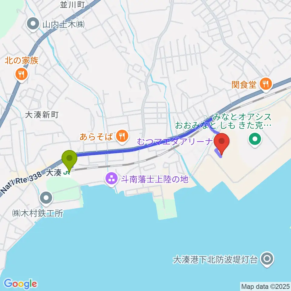 むつマエダアリーナの最寄駅大湊駅からの徒歩ルート（約15分）地図