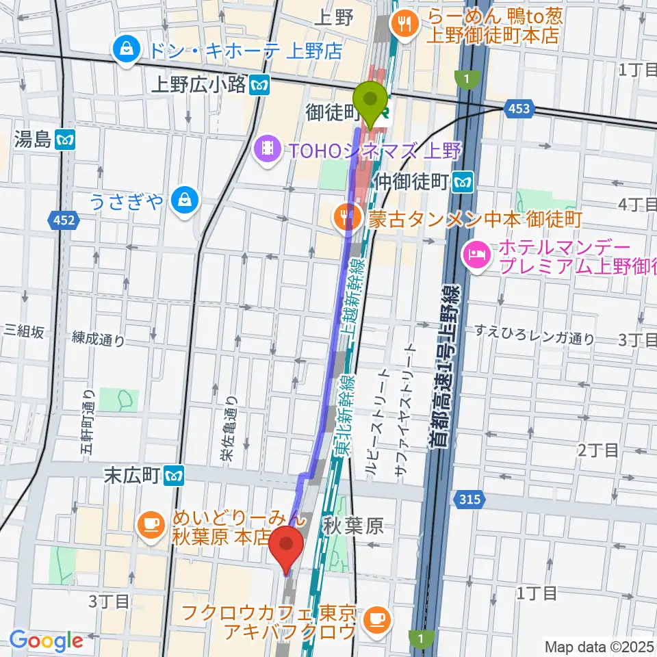 御徒町駅からTAIKO-LAB秋葉原へのルートマップ地図