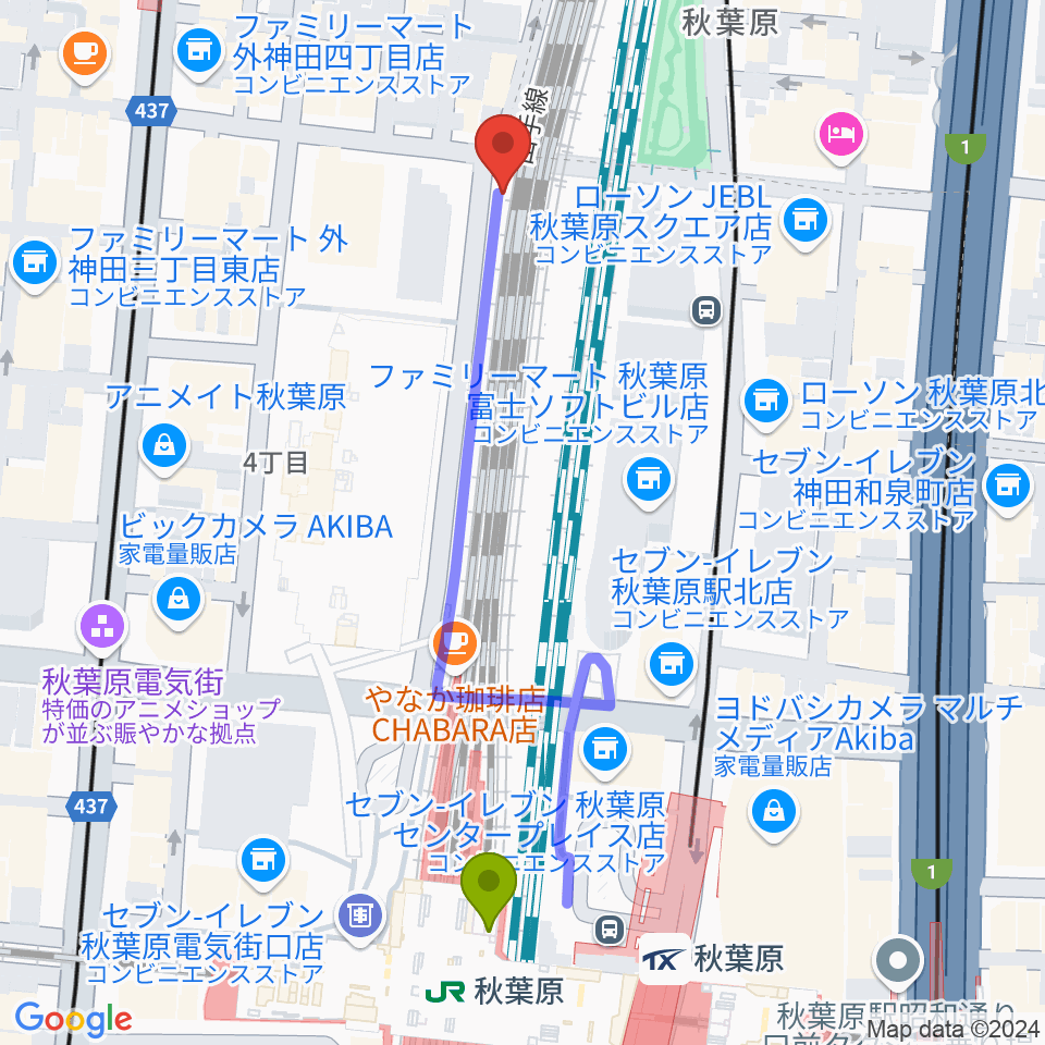 秋葉原駅からTAIKO-LAB 秋葉原へのルートマップ地図