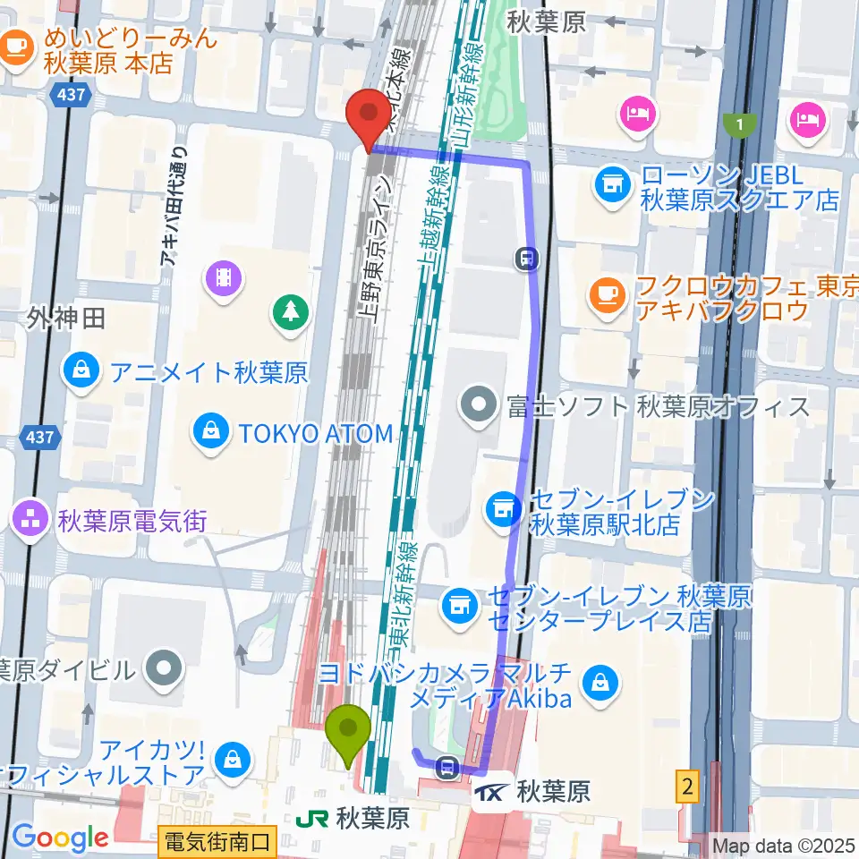 秋葉原駅からTAIKO-LAB秋葉原へのルートマップ地図