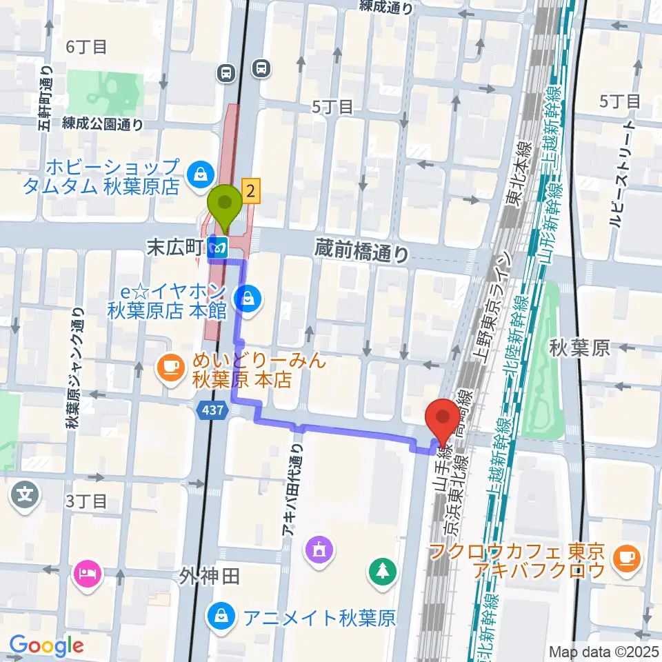 TAIKO-LAB秋葉原の最寄駅末広町駅からの徒歩ルート（約4分）地図
