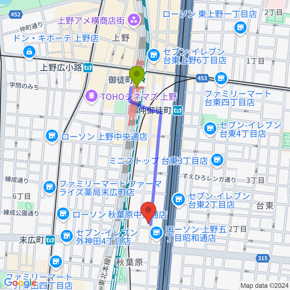 御徒町駅から和の音交流館へのルートマップ地図