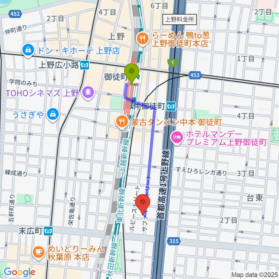 御徒町駅から和の音交流館へのルートマップ地図