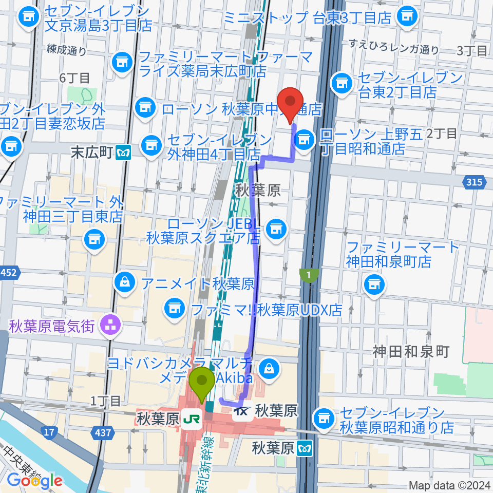 秋葉原駅から和の音交流館へのルートマップ地図