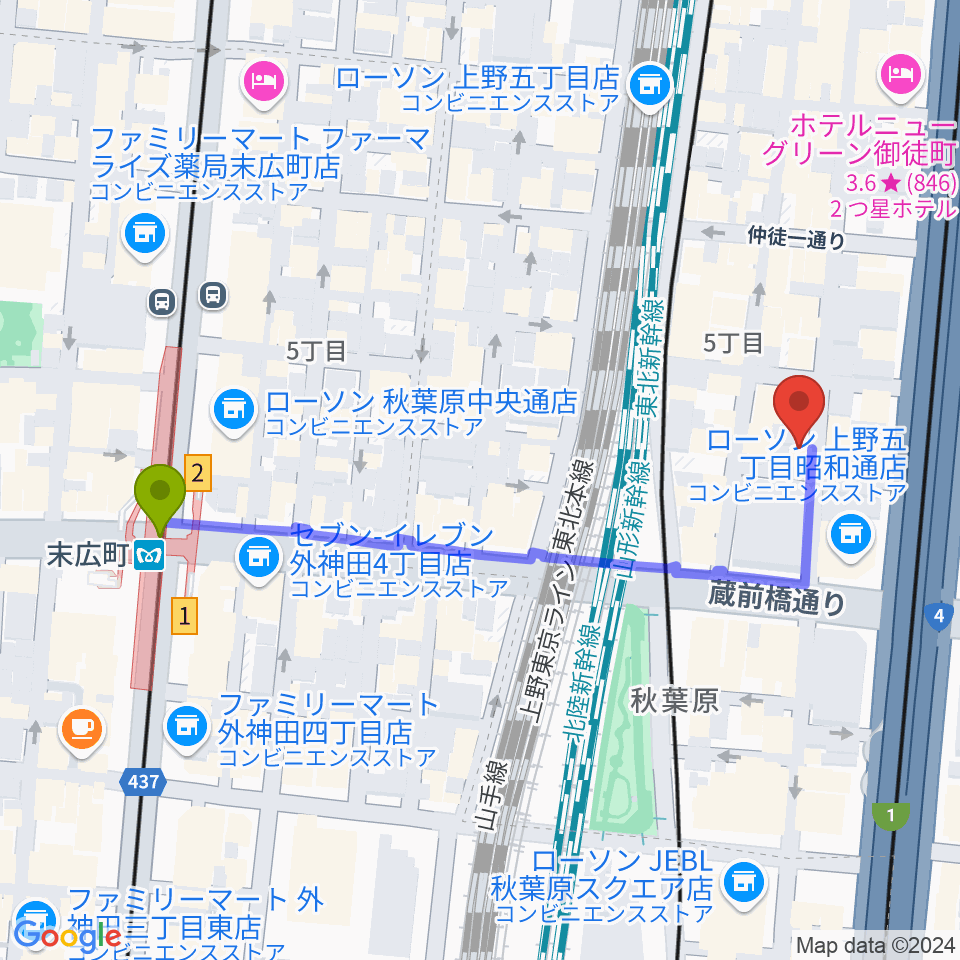 和の音交流館の最寄駅末広町駅からの徒歩ルート（約5分）地図