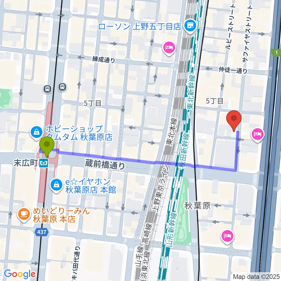 和の音交流館の最寄駅末広町駅からの徒歩ルート（約5分）地図