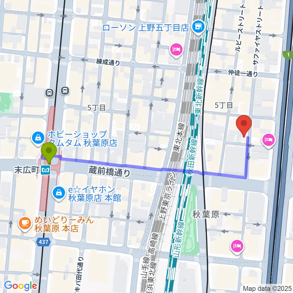 和の音交流館の最寄駅末広町駅からの徒歩ルート（約5分）地図