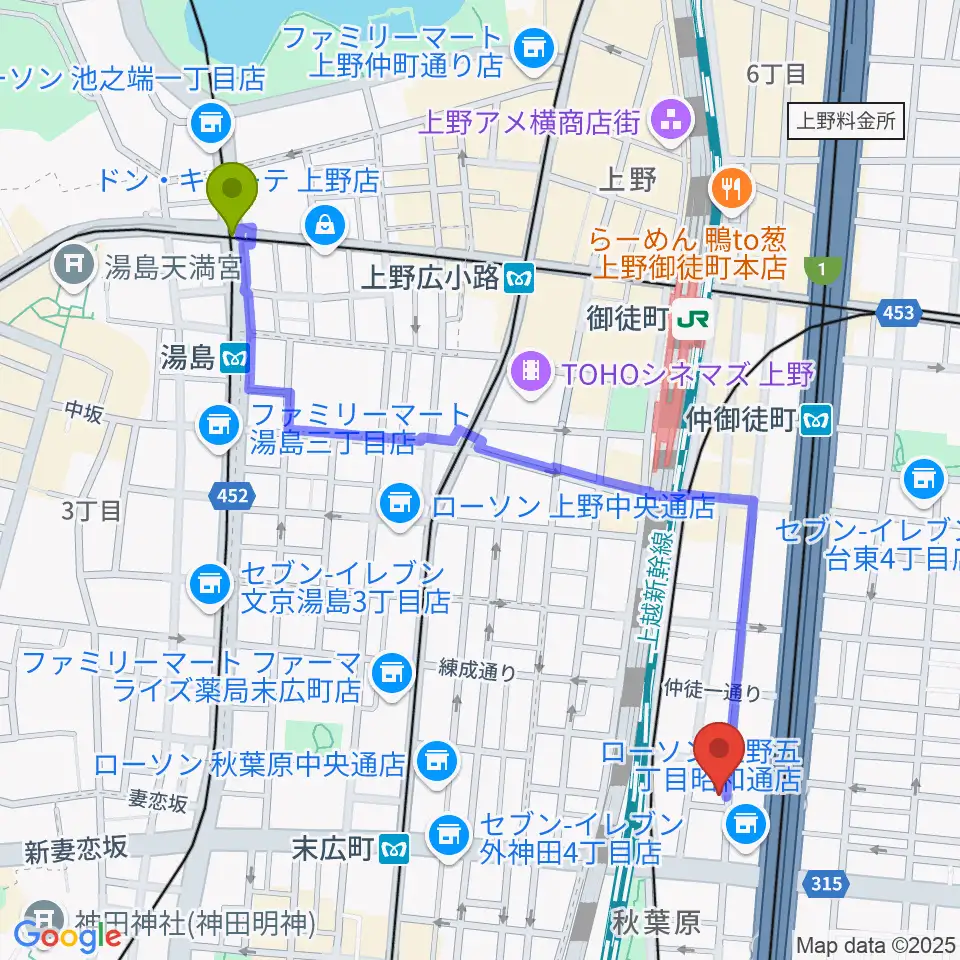 湯島駅から和の音交流館へのルートマップ地図