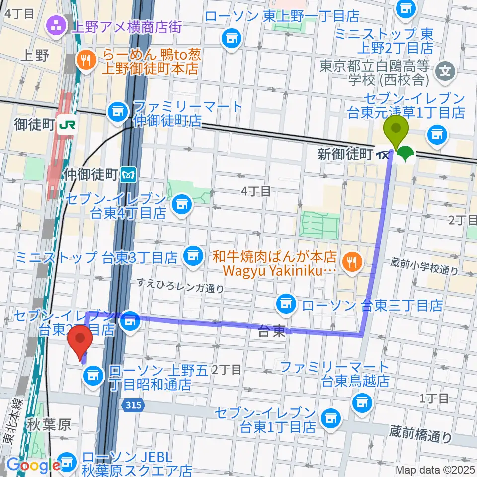 新御徒町駅から和の音交流館へのルートマップ地図