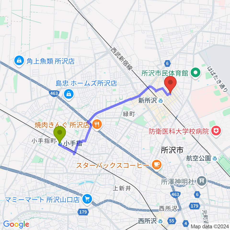 小手指駅からワイワイミュージックスタジオ新所沢店へのルートマップ地図