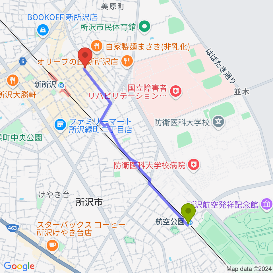 航空公園駅からワイワイミュージックスタジオ新所沢店へのルートマップ地図