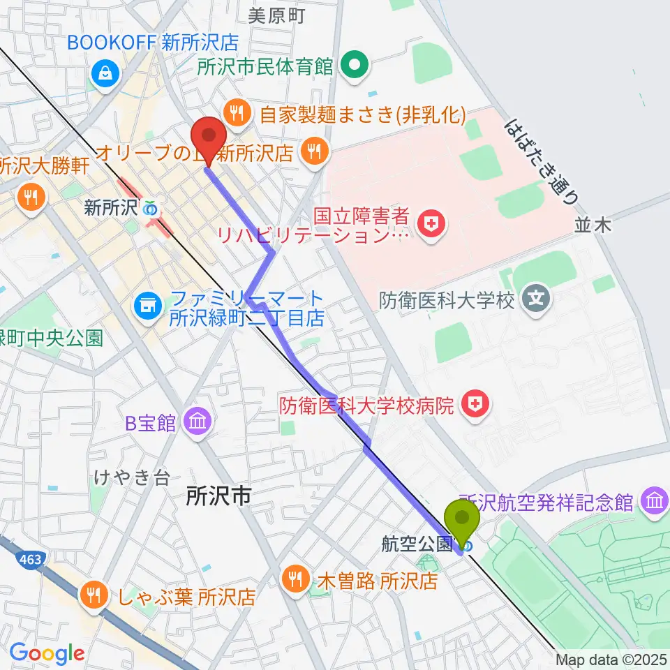 航空公園駅からワイワイミュージックスタジオ新所沢店へのルートマップ地図