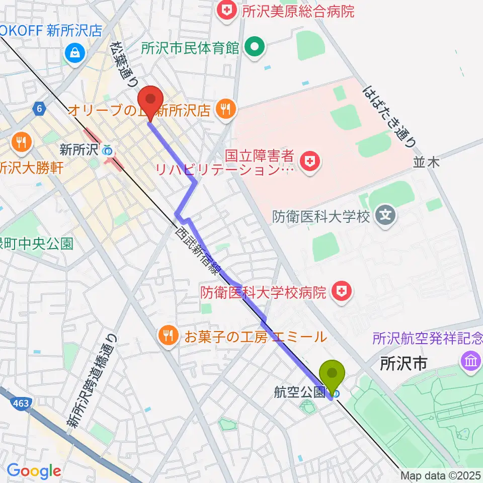 航空公園駅からY.Y Music Studio 新所沢店へのルートマップ地図